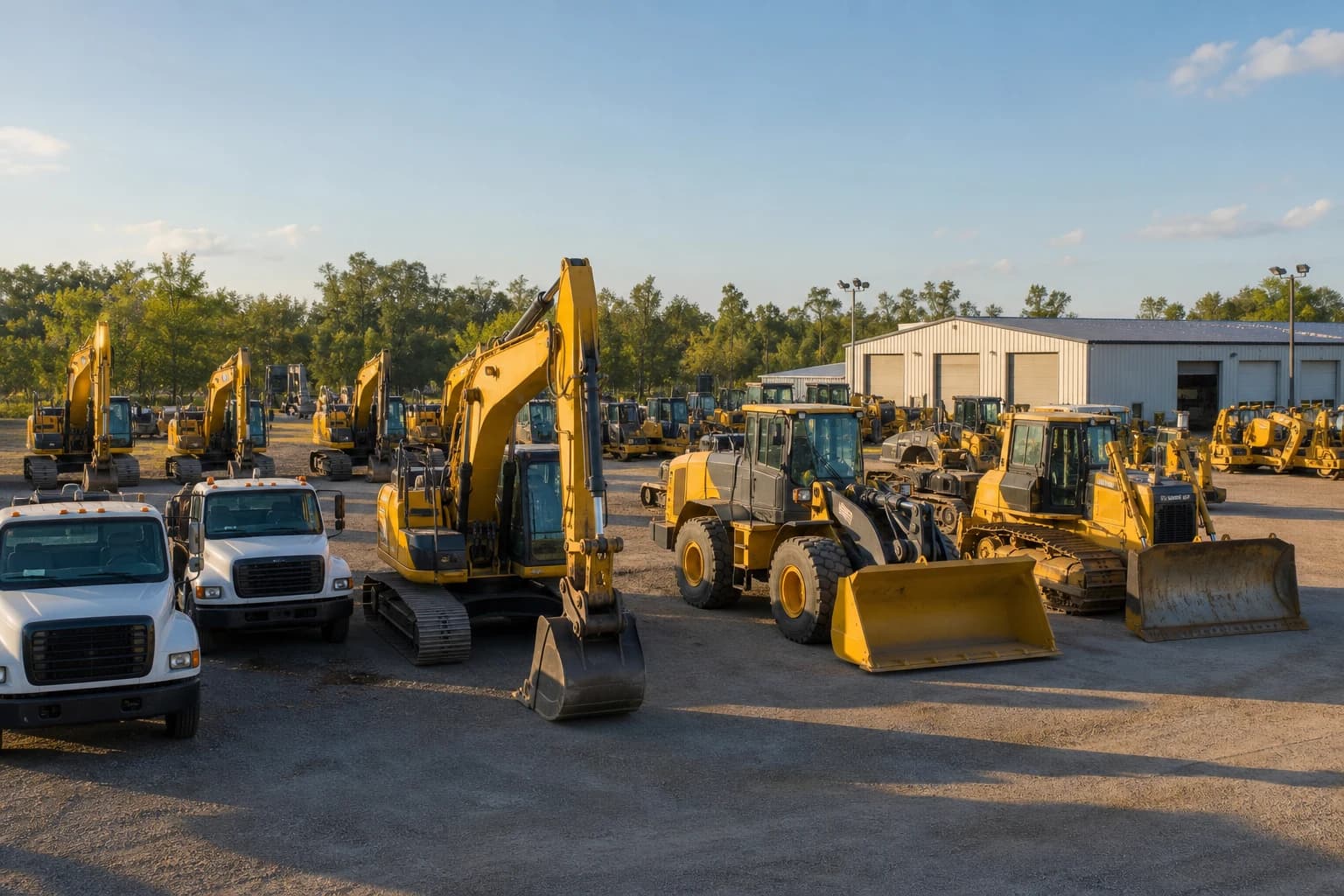 Equipment lined up across the dealership yard