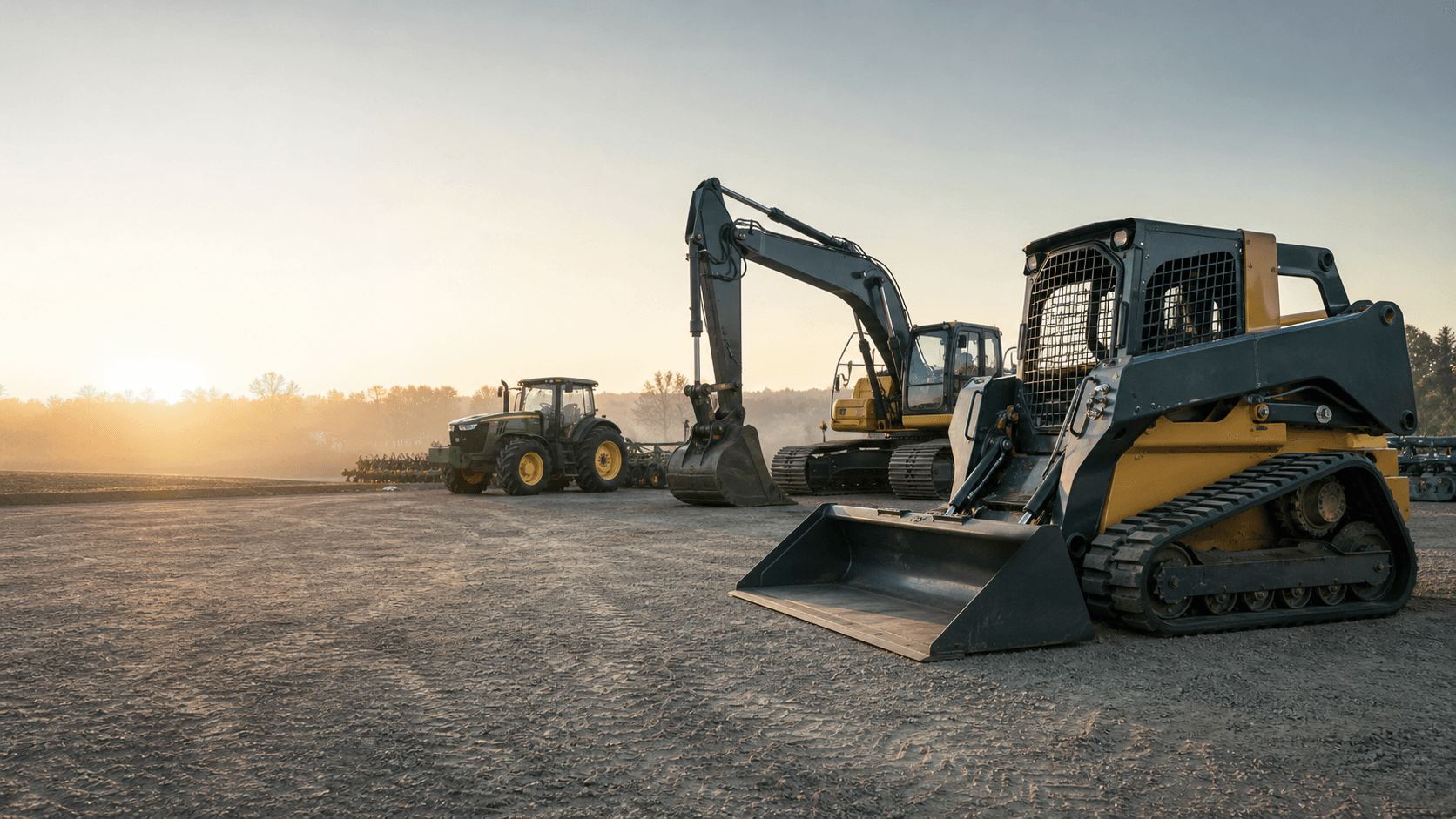 Agricultural tractor, excavator, and compact track loader ready for work